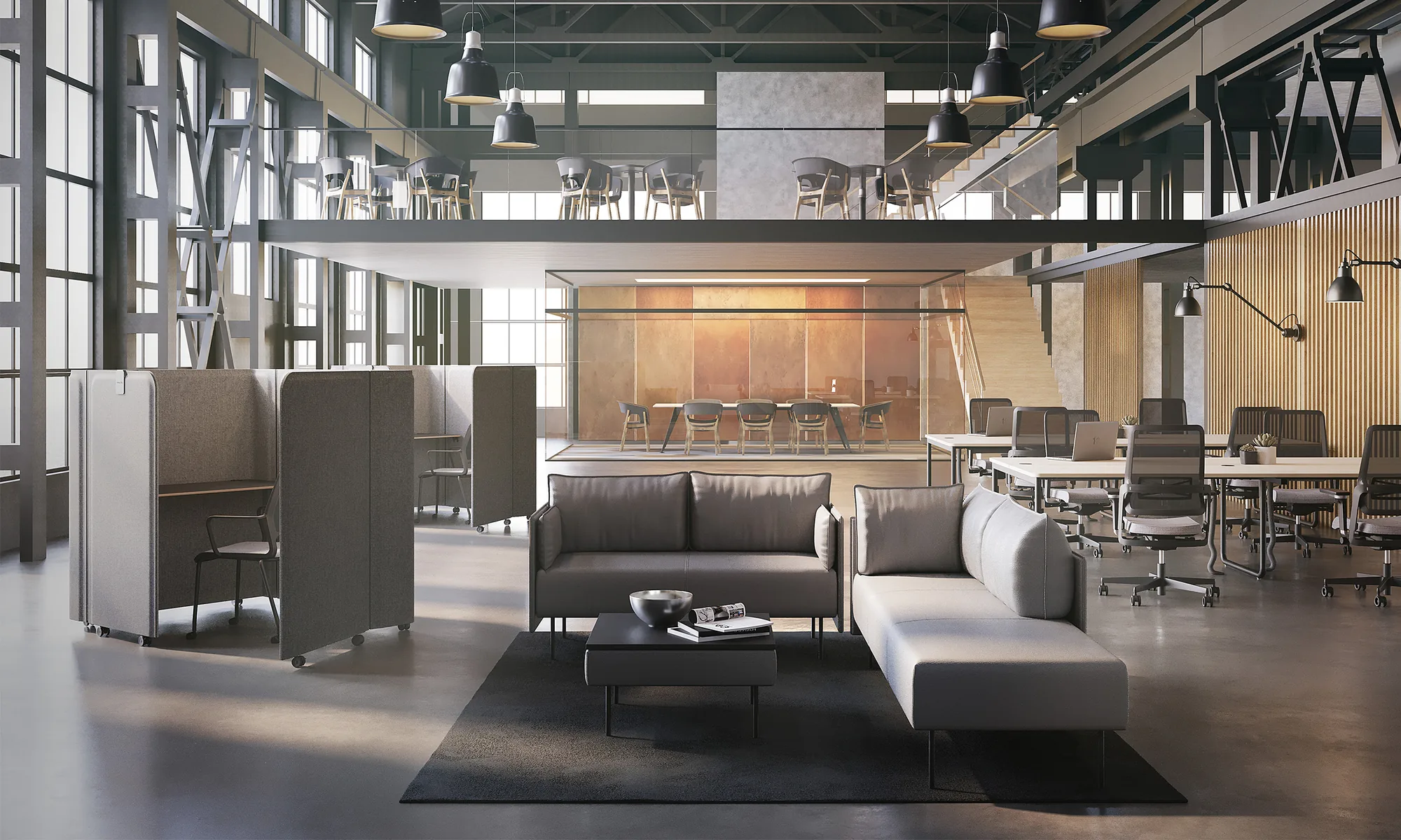 Modern eingerichtete Bürolandschaft mit Lounge-Bereich und Arbeitsplätzen